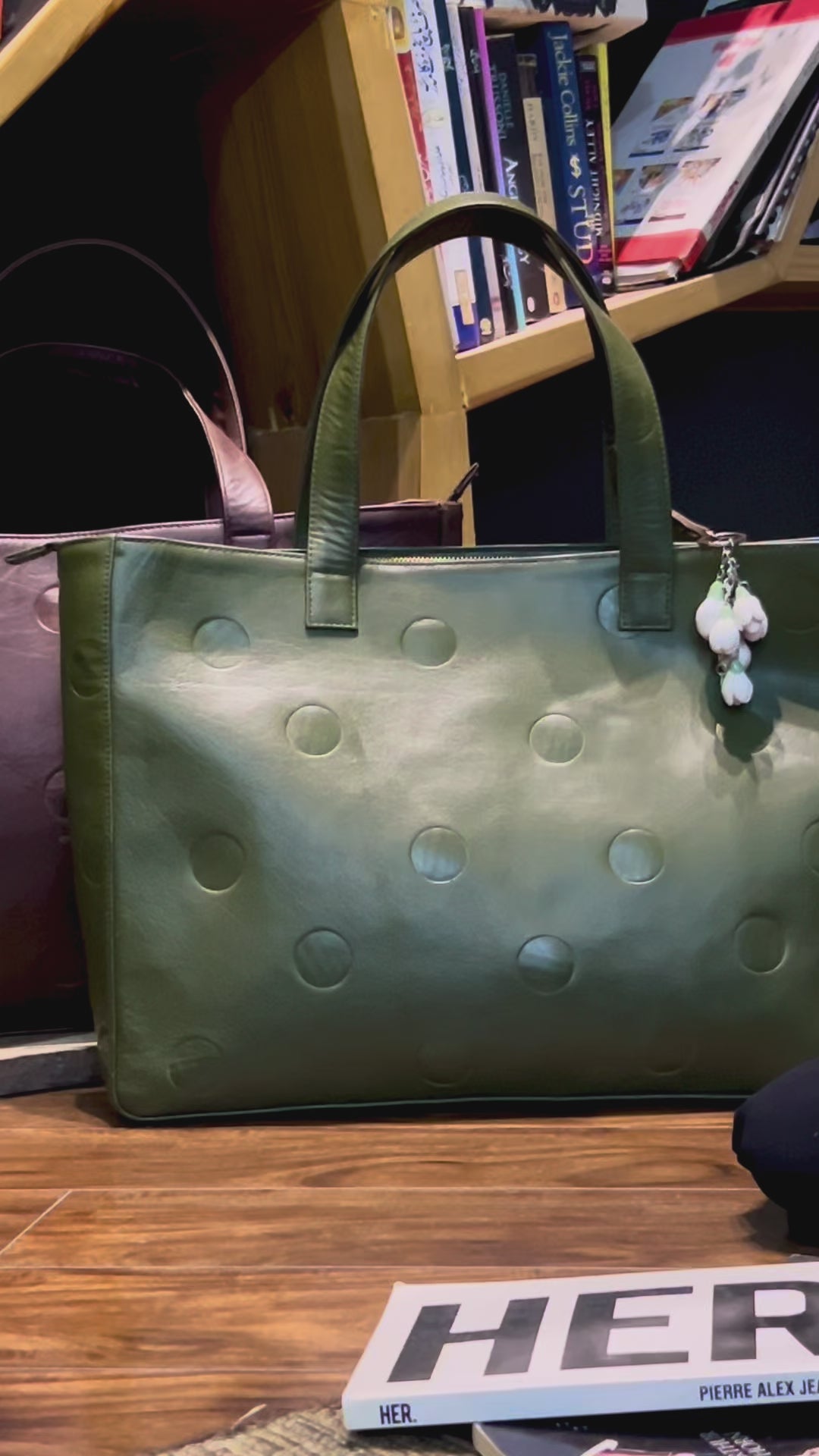 2 leather tote bags, oliver green and brown  with debosses dots attern