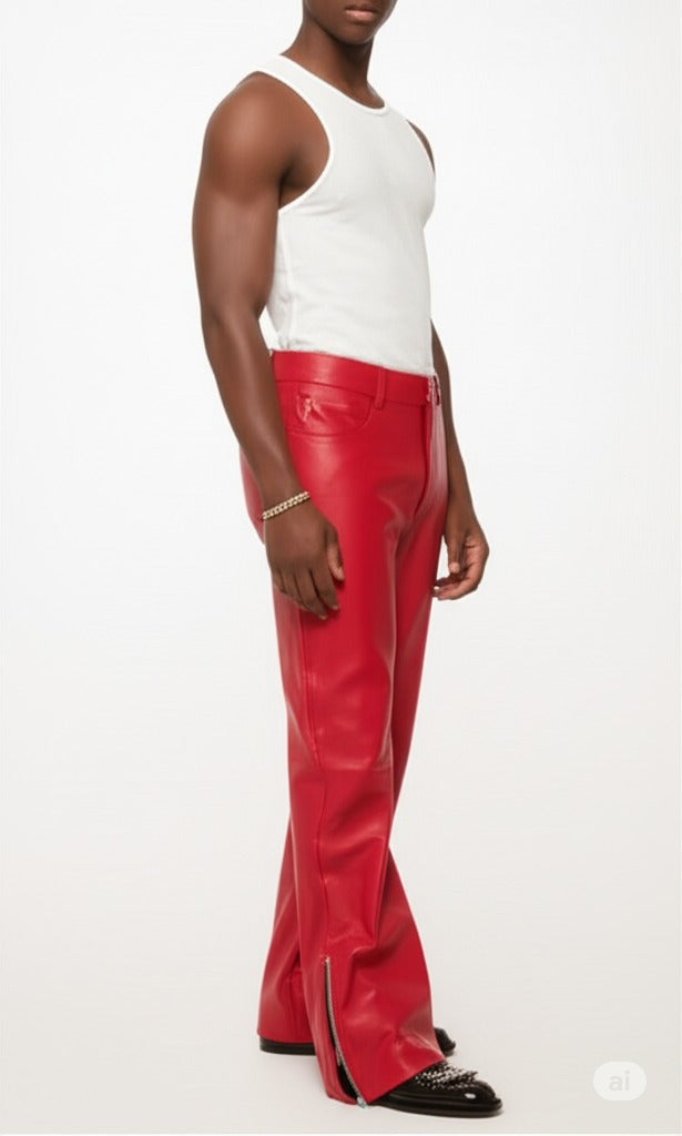 a man wearing a white tank top and red flared real leather pants on a white background