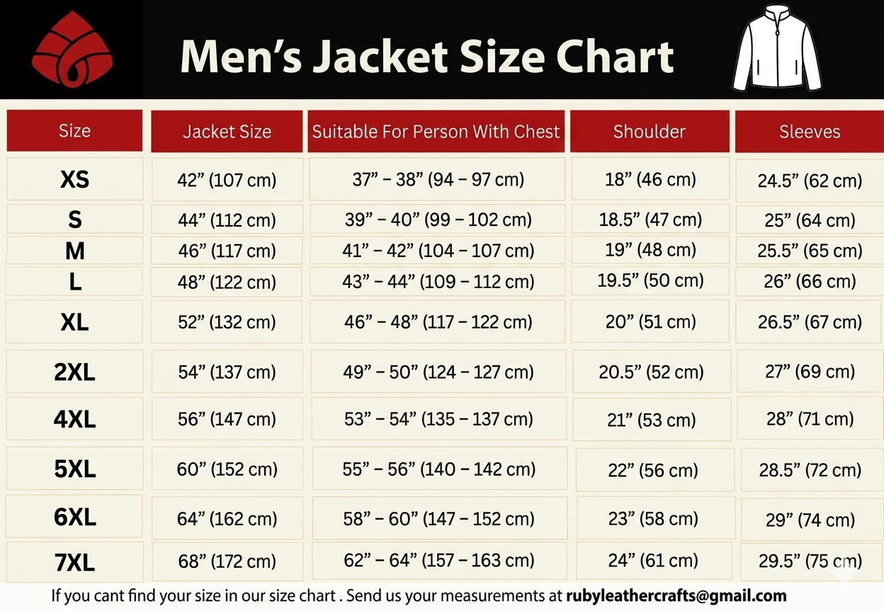 Men's jacket size chart with measurements for chest, shoulder, and sleeves.