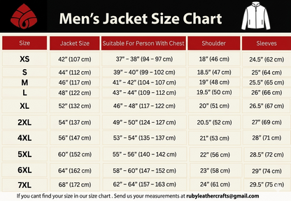 Men's jacket size chart with measurements for chest, shoulder, and sleeves.