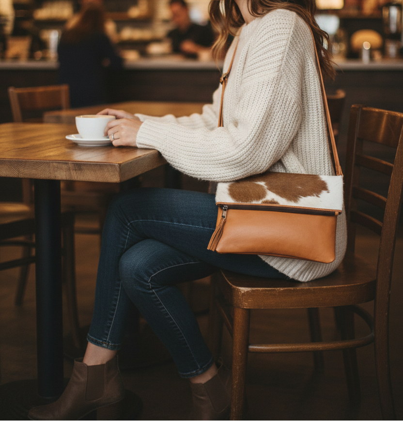 women carrying a minimalist cowhide leather crossbody purse , stnading in a coffee shop wearing a cream beige shirt and a blue jeans