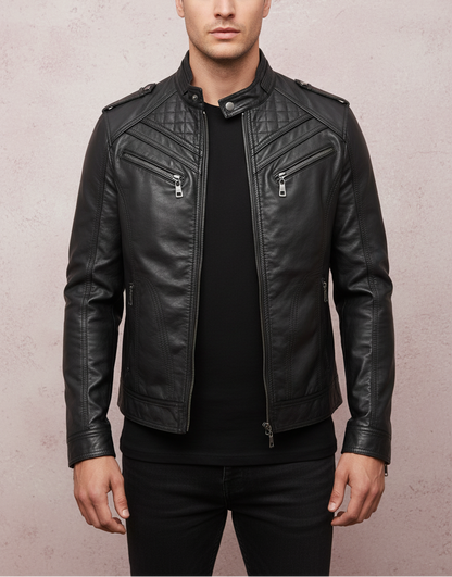 Man wearing a black leather jacket against a light background