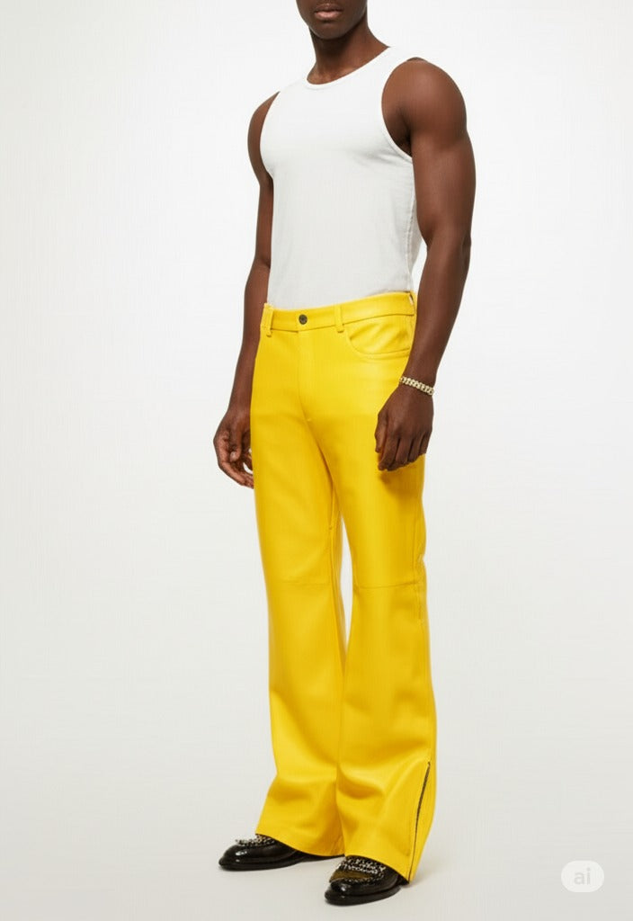 men wearing a white tank top and bright yellow leather pants on a white background