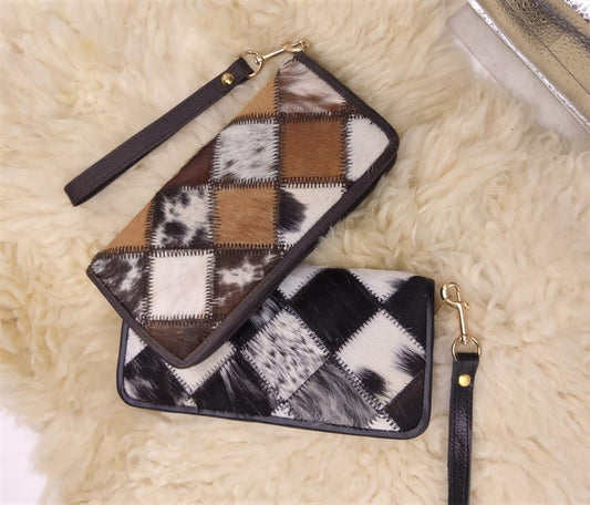 Real cowhide patch work artistic handmade clutches
