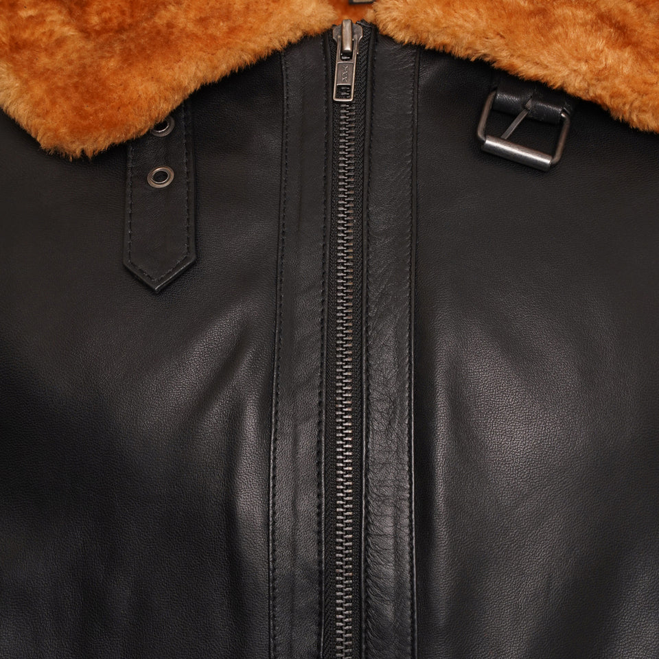 RRR-BOMBER men's leather jacket with sheep fur collar