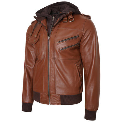 Wing hooded men's leather jacket