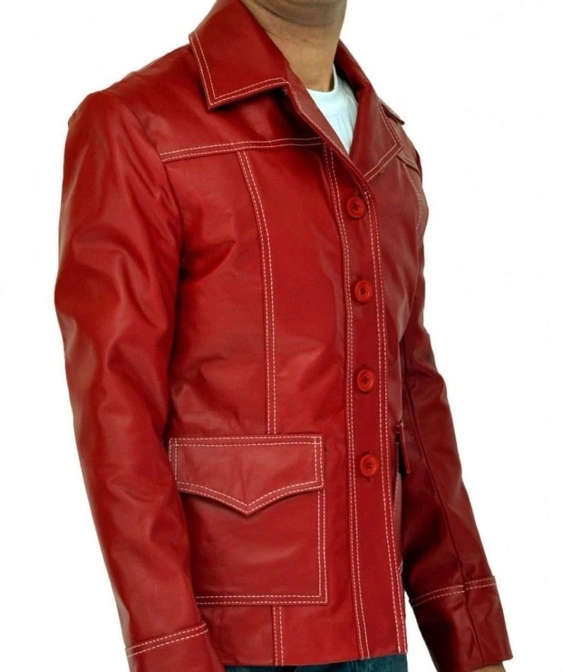 top Quality leather jacket fight club Tyler brad pit leather jacket men's fight club leather jacket red leather jacket handmade designer jacket celebrity leather jacket men cheap leather jacket men 