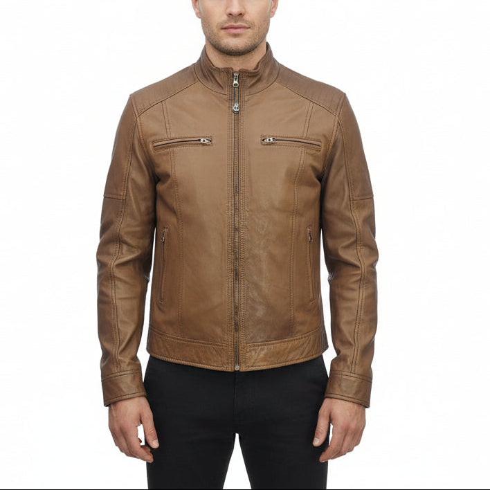 Camel brown leather jacket for men with a mandarin collar, front zipper closure, and side pockets.