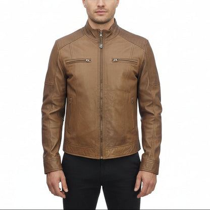 Camel brown leather jacket for men with a mandarin collar, front zipper closure, and side pockets.