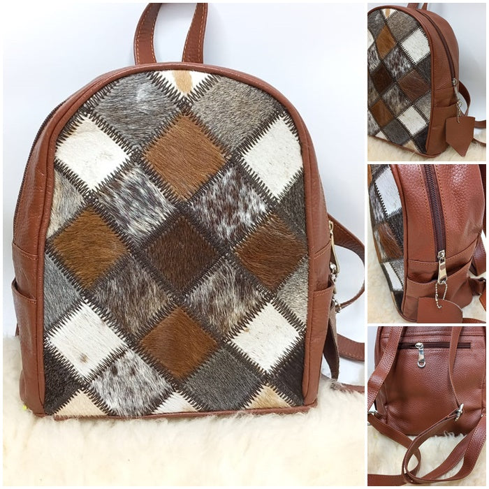 patchwork backpack unique backpack leather small backpack light weighted cognac color backpack