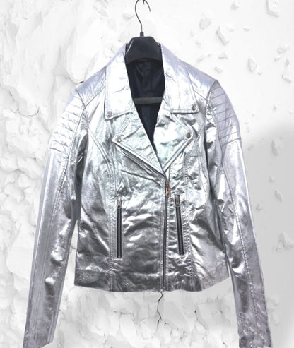 womens leather jacket silver leather jacket handmade jacket silver biker jacket genuine leather jacket women custom-made jacket women motorcycle leather jacket women gift for women gift for her 