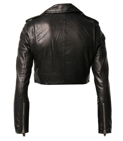 Women’s cropped black biker leather jacket made of genuine sheep leather with YKK zippers