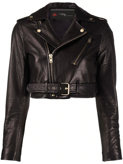Women’s cropped black biker leather jacket made of genuine sheep leather with YKK zippers